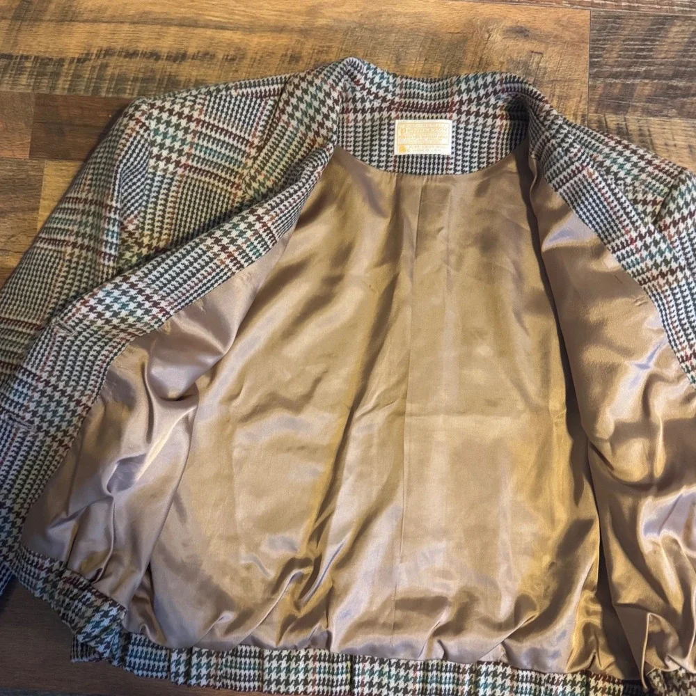 Pendleton‎ Women Houndstooth Brown Short Jacket 3 buttons 100% Virgin Wool